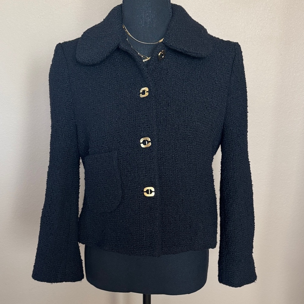 ba&sh Black Bouclé Cropped Margot Blazer with Gold Buttons (size small)